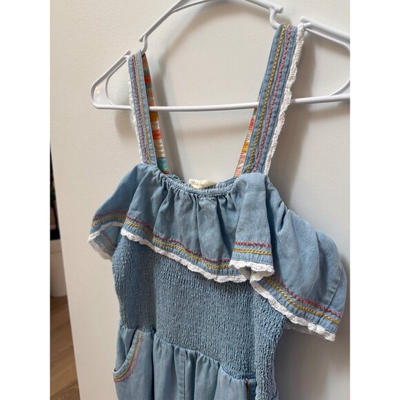 Matilda Jane Picnic in the Park Romper Girls Chambray Blue Ruffled With Pockets - Picture 2 of 6